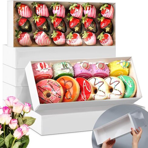 50 Pcs Cookie Boxes 12x4.8x2 Long Bakery Boxes Macaron Boxes with Window Clear Chocolate Covered Strawberry Boxes Slide out Treat Boxes for 12 Cookies Truffle Donuts for Christmas Baby Shower in Saudi Arabia