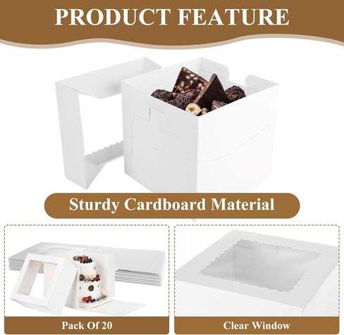 20 قطعة من علب الكيك من سينينكو مقاس 8x8x8 بوصة مع نافذة، وصناديق حلوى المخابز البيضاء، وحاويات كعك من الورق المقوى 350 جرامًا للحلوى والماكارون والدونات والحلوى والبسكويت وصناديق هدايا الحفلات in Kuwait