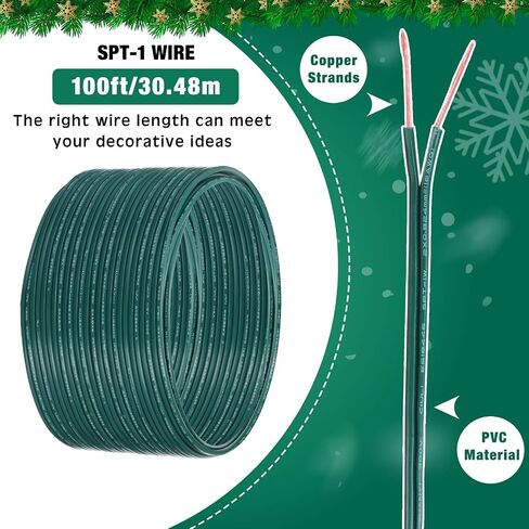 109pcs SPT-1 Electrical Wire, Christmas Female and Male Slip Plug, Christmas Light Clip Set Weatherproof 18AWG 2-Conductor Wire for Christmas Party Decoration (50ft,Green) in Saudi Arabia