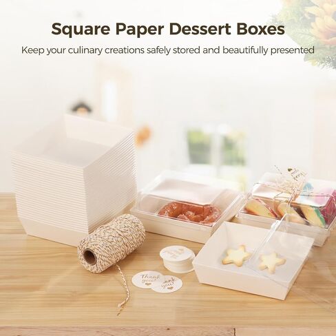 OMISTAR 100 Pack Small Charcuterie Boxes with Clear Lids,5 inch Disposable Square Paper Dessert Boxes with Thank You Cards and Twine for Sandwich Cookie Sushi Cake Slice Strawberries in Saudi Arabia