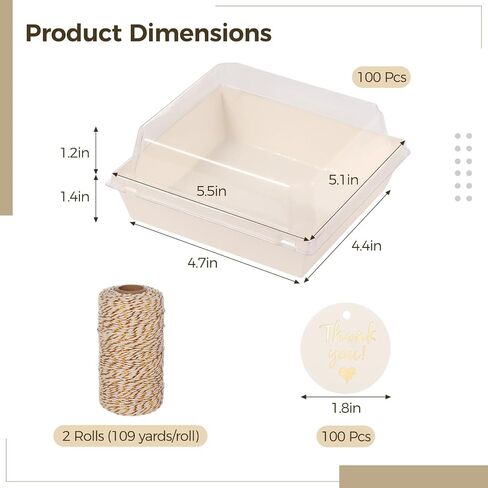 OMISTAR 100 Pack Small Charcuterie Boxes with Clear Lids,5 inch Disposable Square Paper Dessert Boxes with Thank You Cards and Twine for Sandwich Cookie Sushi Cake Slice Strawberries in Saudi Arabia