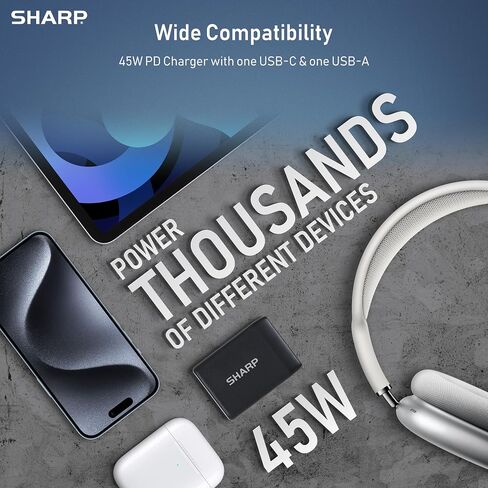 Sharp USB C Charger, 45W, 2 Port (USB A+C) Compact Foldable GaN Fast Charge for iPhone 15/15 Plus/15 Pro/15 Pro Max/14, Galaxy, Pixel 4/3, iPad/iPad Mini – White in Saudi Arabia