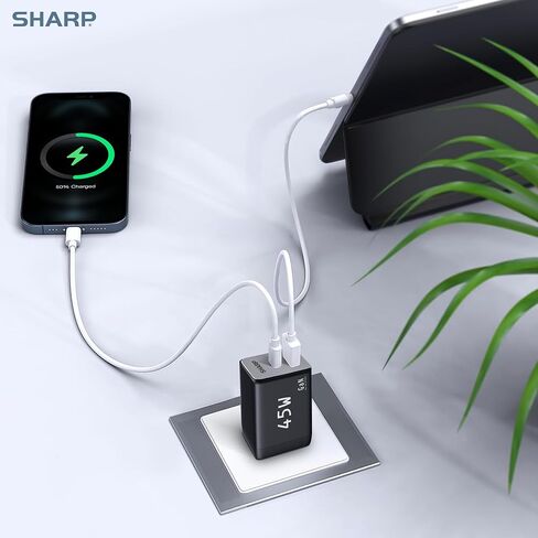 Sharp USB C Charger, 45W, 2 Port (USB A+C) Compact Foldable GaN Fast Charge for iPhone 15/15 Plus/15 Pro/15 Pro Max/14, Galaxy, Pixel 4/3, iPad/iPad Mini – White in Saudi Arabia