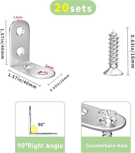 20 قطعة من الأقواس الصغيرة، 1.57 × 1.57 بوصة (40 × 40 مم) دعامات زاوية معدنية من الفولاذ المقاوم للصدأ، دعامة زاوية قائمة للأثاث الخشبي، مع 80 قطعة براغي in Kuwait