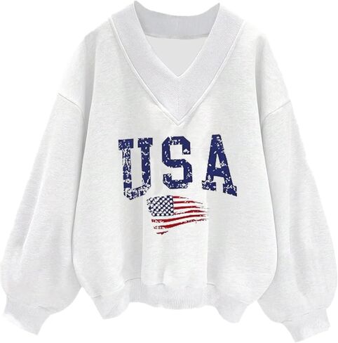 Avanova Women USA Graphic V Neck Sweatshirts Top Drop Shoulder Long Sleeve Pullover Shirt in Saudi Arabia