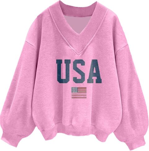 Avanova Women USA Graphic V Neck Sweatshirts Top Drop Shoulder Long Sleeve Pullover Shirt in Saudi Arabia
