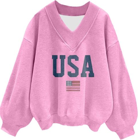 Avanova Women USA Graphic V Neck Sweatshirts Top Drop Shoulder Long Sleeve Pullover Shirt in Saudi Arabia