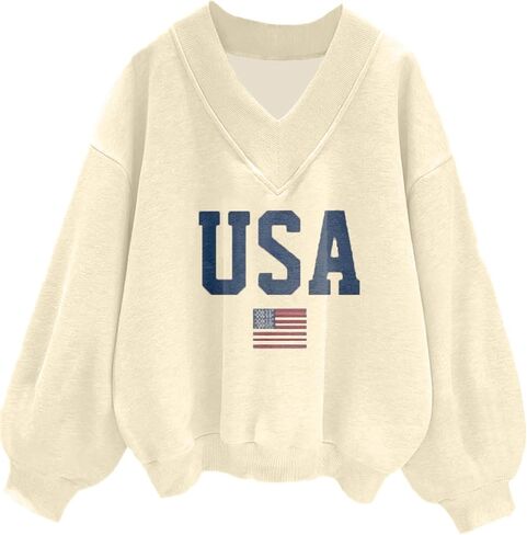Avanova Women USA Graphic V Neck Sweatshirts Top Drop Shoulder Long Sleeve Pullover Shirt in Saudi Arabia