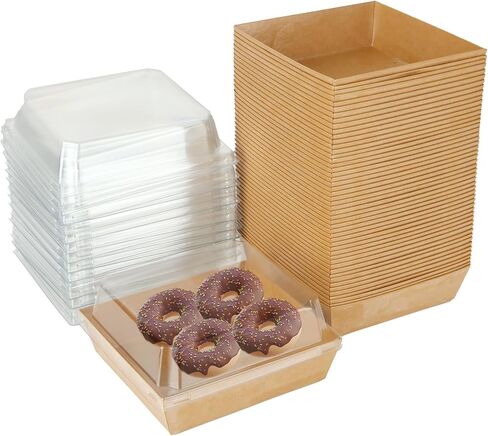 50 قطعة من صناديق الفحم الورقية مع أغطية شفافة، 5 × 5 × 2 بوصة مربعة لحفظ الطعام للاستعمال مرة واحدة، صناديق الخبز، صناديق البسكويت، صناديق الحلوى، صناديق ورقية لشريحة الساندويتش، الماكارون (بني) in Kuwait