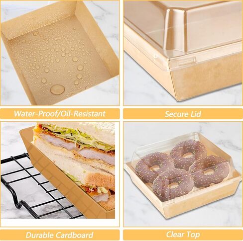 50 قطعة من صناديق الفحم الورقية مع أغطية شفافة، 5 × 5 × 2 بوصة مربعة لحفظ الطعام للاستعمال مرة واحدة، صناديق الخبز، صناديق البسكويت، صناديق الحلوى، صناديق ورقية لشريحة الساندويتش، الماكارون (بني) in Kuwait