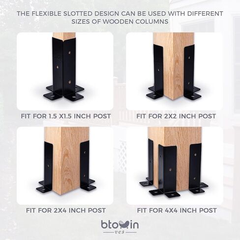 Adjustable Post Base Brackets Fits 1.5x1.5, 2x2, 2x4, 4x4 inch Post, Btowin VCF 4Pcs Heavy Duty Reversible Half Column Wood Fence Post Base Support Brackets Kit Black for Pergola Railing Mailbox in Saudi Arabia