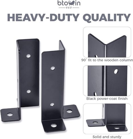Adjustable Post Base Brackets Fits 1.5x1.5, 2x2, 2x4, 4x4 inch Post, Btowin VCF 4Pcs Heavy Duty Reversible Half Column Wood Fence Post Base Support Brackets Kit Black for Pergola Railing Mailbox in Saudi Arabia