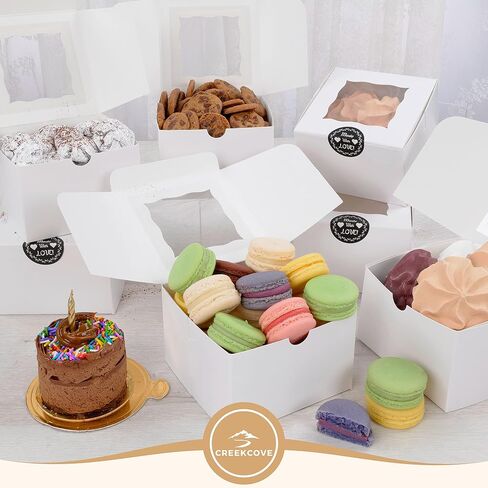 25 pack of 4.5 x 4.5 x 3 inches white small bakery box with window, to-go treat boxes with stickers, for mini bundt cakes, party favors, cookie boxes, small pastry boxes in Saudi Arabia