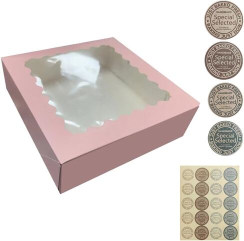 50Pcs (9x9x2.5 in) Cake Boxes+3 stickers with Display Window for Gift Giving, Bakesale, Cupcakes, Dessert, Cookies, Pie, Macaroons, Donuts, Pastry, Kraft Paper Material (Pink), 9925DGH in Saudi Arabia