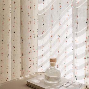 KMSG Vintage Linen Sheer Curtains with Colorful Pom Pom for Bedroom Living Room Embroidered Voile Stripe Curtains Light Filtering Window Drapes for Girls Room Rod Pocket Top 2 Panels W55 x L94 Inch