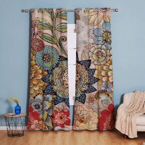 Boho Floral Blackout Curtains 2 Panels Colorful Flowers Vintage Bohemian Botanical Window Panels Room Darkening Thermal Insulated Window Panels with Grommet for Bedroom Living Room, 52Wx63L