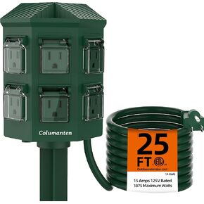 Outdoor Power Stake, 25ft Extension Cord Waterproof, Outdoor Power Strip with Waterproof Covers, 6 Grounded Outlets for Halloween and Christmas Lights, 15A/1875W, ETL Listed