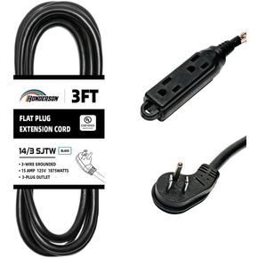 3-Outlets Flat Plug Indoor Outdoor Extension Cord Outlet Extender, UL Listed, 16 Gauge 12FT Black 3 Prong Heavy Duty Extension Cord Multiple Outlets, 16/3 SJTW 13A Flat Plug Power Strip