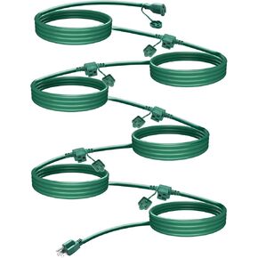 Outdoor Extension Cord with Multiple Outlets, 25ft Green Christmas Light Extension Cord Outside, Evenly Spaced 6 Plugs, 16/3 SJTW Weatherproof Wire for Landscaping Light, Holiday Party Decoration