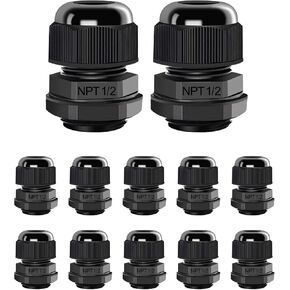 AIRIC 12 Pcs 1/2" NPT Cable Glands Nylon PA66, IP68 Waterproof Adjustable Power Strain Relief Cord Grips, Junction Box Wire Gland Grip Connectors with Gaskets and Locknut, Black