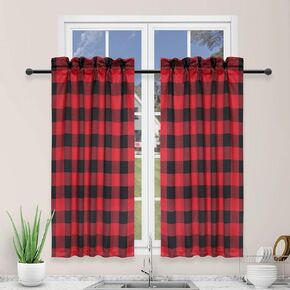 Simple Deluxe 2 PCS Buffalo Check Kitchen Tier Curtains, Plaid Gingham Short Curtain for Half Cafe Windows, 26" W x 36" L, Black&Red