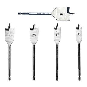 5pcs Spade Drill Bit Set for Wood, Carbon Steel Paddle Flat Bits Wood Hole Cutter Chisel-Point Drill Bits 15~38MM (3/5~1-1/2IN)