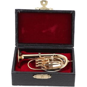 Miniature Doll Baritone Horn Copper Baritone Model Figurines Ornament: Musical Sculpture Statue with Rack Box for Home Office Decor Piano Souvenirs Mini Tuba Instrument