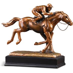 F54061 Jockey On Horse Bronze Plated Resin Sculpture - 12 x 3.5 x 9.5 in.
