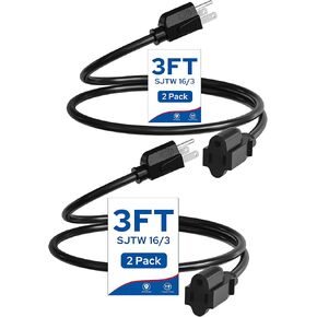 2-Pack Outdoor Extension Cord 6FT, 16/3 SJTW Durable Power Cable for Indoor and Outside Use, 3 Prong Grounded Outlets, for Halloween, Christmas Decor and Lights, Black, ETL Listed B02ECP206