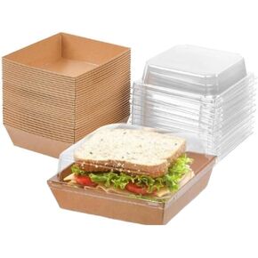 Disposable Square Charcuterie Boxes with Clear Lids, Small Oil-Proof Kraft Paper Bakery Dessert Sandwich Treat Boxes, Take Out Food Containers for Cookie, Pastry, Cake Slice (Brown, 36 Pack)