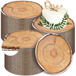 50 Pcs Cake Boards 10 inch Wood Print Cake Boards Round Disposable Grease Proof Cake Plates Rustic Corrugated Cardboard Cake Base for Cake Dessert DIY Crafts Display