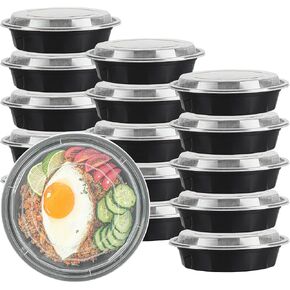 Restaurantware Asporto 24 Ounce To Go Boxes, 50 Microwavable Take Out Food Containers - Clear Plastic Lids Included, Do Not Contain BPA, Black Plastic Catering Food Containers, Disposable, Round