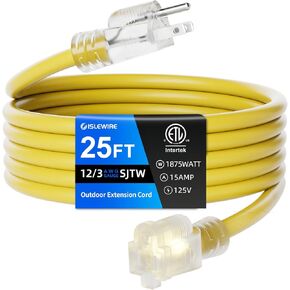 12 Gauge Outdoor Extension Cord 25 FT Waterproof, 3 Prong Plug, SJTW Heavy Duty 15A 1875W, Yellow Extension Cable with Lighted end for Commercial Use and Major Appliances, ETL Listed