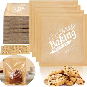 Bakery Bags with Window 7.1x7.5 Inch Kraft Paper Bakery Treat Cookie Bags with Seal Stickers,Pastry Sandwich Bags, Donut Bags Food Bags for Treat, Snack, Cookie Waffle Cake Packaging（100 Pack ）