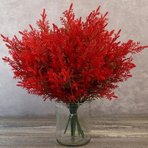 8PCS Artificial Outdoor Flowers, Fake Cedar Plants Faux Pinetree Stems, Greenery Shrubs for Indoor Outdoor Home Decor for Garden Porch Holiday Season Floral Arrangement Christmas Wedding Decor (Red)