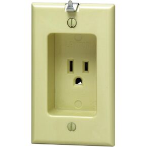 Leviton 688-W 15 Amp, 125 Volt, 1 Gang Recessed Single Receptacle, Residential Grade, with Clock Hanger Hook, White
