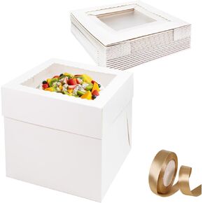 12x12x8 Inches Cake Box with Champagne Gold Ribbons,10pcs White Bakery Boxes with Window,Large Square Cake Boxes,for Cake,Pastries,Pie,Birthday