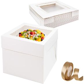 12x12x8 Inches Cake Box with Champagne Gold Ribbons,10pcs White Bakery Boxes with Window,Large Square Cake Boxes,for Cake,Pastries,Pie,Birthday