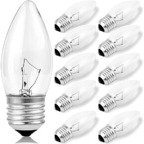 Elegant Chandelier Light Bulbs, Incandescent Torpedo Shape, Crystal Clear, Candelabra Base, Decorative Finish, 10-Pack, E26/E27 Medium Base