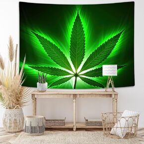 JAWO Cannabis Leaf Rustic Living Room Wall Art Tapestries, Green Marijuana Leaf Tapastry's Wall Hanging Weed Leaves Modern Black Tapestry for Living Room Dorm 60X40