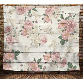 NYMB Rustic Pink Rose Tapestry, Country Floral Rose Flower on Retro Wooden Tapestry for Bedroom Aesthetic Vintage, Colorful Modern Farmhouse Plant Tapestry Wall Hanging for Living Room Dorm, 60X40in