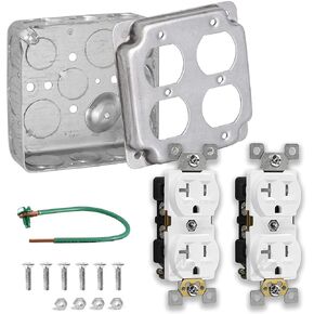 Outlet Box Kit, Includes 4x4'' Drawn Metal Electrical Box, 2 Tamper Resistant 20 Amp Duplex Receptacle Outlets, Duplex Receptacle 4x4'' Cover, Sixteen Knockouts, Green Pigtail Grounding Wire and Screw