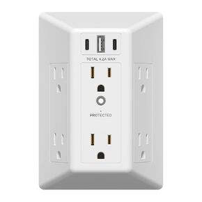 LIDER 6 Outlet Surge Protector Extender with 20W 4.2A 3 USB Type A/C Chargers, ETL Listed, Tamper-Resistant Receptacle, 1500 Joules, Multi Plug Wall Charger for Home Office, White