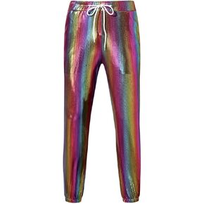 Mens 70s Metallic Shiny Pants Rainbow Sweatpants Disco Nightclub Hip Hop Trousers Breathable Jogger