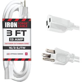 Iron Forge Cable White Extension Cord 3 ft for Outdoor & Indoor, 16/3 SJTW Weatherproof Heavy Duty Outdoor & Indoor Extension Cord 3 Prong, 13 Amp Short Power Cable for Home, Office, Landscaping