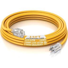 Outdoor Extension Cord 15 FT Waterproof, 12/3 Gauge Heavy Duty Lighted Extension Cord, 3 Prong Grounded Plug for Safety, 15A 1875W SJTW, ETL Listed, Great for Garden and Home, Yellow