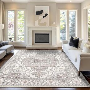 8x10 Area Rugs Washable Rug: Large Vintage Living Room Rug Soft Anti-Skid Thin Carpet Indoor Floor Non-Shedding Carpets for Bedroom (8'x10', Brown/Grey)