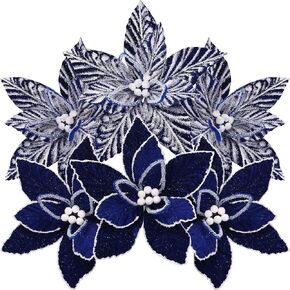 Sea Team 6-Pack Artificial Christmas Flower Ornaments, Flocked Fabric Poinsettia Set, Floral Decorations for Christmas Tree, Wreath, Garland, 10-Inch, Cream