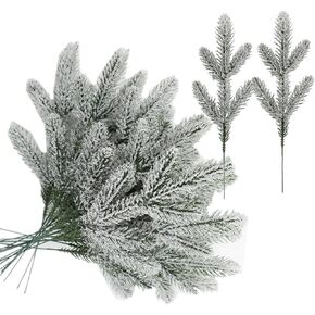 alfyng 24 PCS Artificial Pine Needles Snow Frosted Branches Garland, 11 inch Fake Five Branches Pine Leaves Needle for DIY Garland Wreath Christmas Thanksgiving Wedding Home Garden Decoration