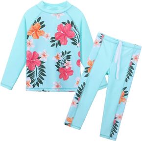 Girls Two Piece Swimsuit Long Sleeve Floral Bathing Suit UPF 50+ Summer Beach Swimwear